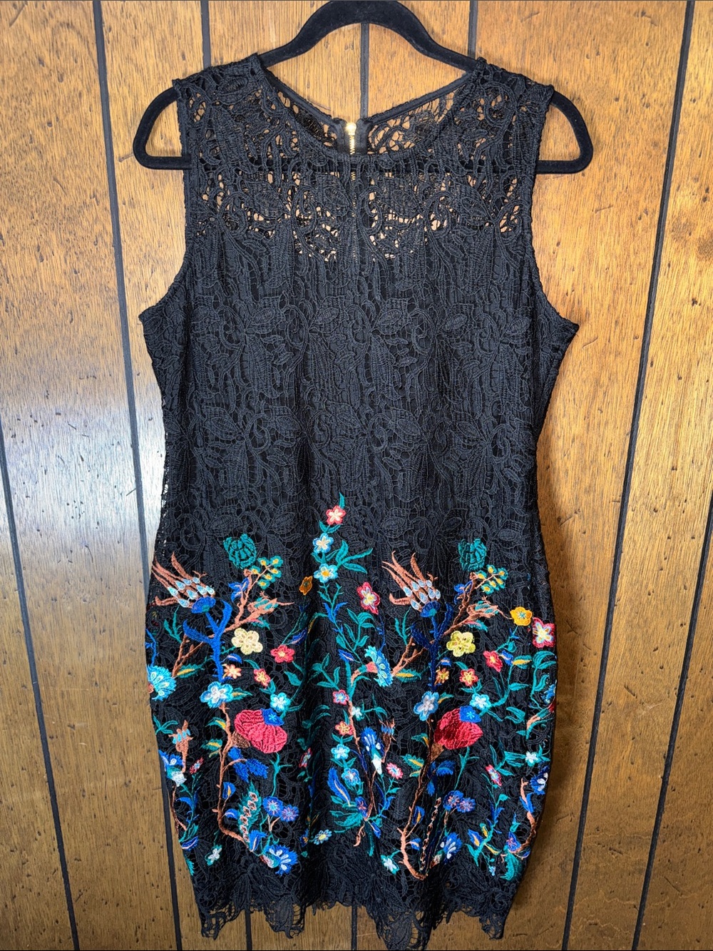 Calvin Klein Black Lace Mini Dress with Multicolor Floral Embroidery